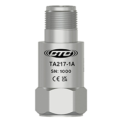 A stainless steel, standard size, top exit TA217 dual output vibration monitoring sensor engraved with the CTC Line logo, part number, serial number, and CE and UKCA certification markings.